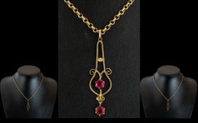 Antique Period - Attractive 9ct Gold Ruby Set Pendant, Attached to a 9ct Gold Belcher Chain. The Two