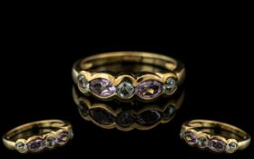 Ladies 9ct Gold Attractive Amethyst and Aquamarine Set Dress Ring. With Full Hallmark to Interior of