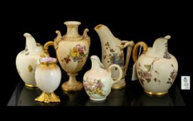 Collection of Six Worcester Blush Ivory Porcelain, including four jugs with floral decoration, a