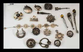 Collection of Silver Items, comprising two Je Suis Prest badges with stag's head, a Maltese cross