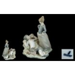 Lladro - Hand Painted Porcelain Figure Group ' Caught A Sheep In the Hay ' Height 10 Inches - 25
