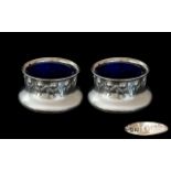 Art Nouveau Pair of Fine Sterling Silver Salt Cellars, Each with Blue Liners. Each Salt Cellar