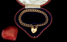 Antique Period Superb 9ct Gold Curb Bracelet with Heart Shaped 9ct Gold Padlock. All Links Stamped