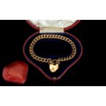 Antique Period Superb 9ct Gold Curb Bracelet with Heart Shaped 9ct Gold Padlock. All Links Stamped