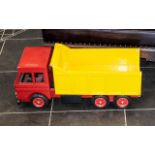 Painted Wooden Tipper Truck, red body and yellow tipper, length 27'', height 12''.
