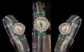18ct White Gold - Ladies Mechanical Wind Brevet - Diamond and Emerald Set Cocktail Watch. c.1930'