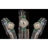 18ct White Gold - Ladies Mechanical Wind Brevet - Diamond and Emerald Set Cocktail Watch. c.1930'