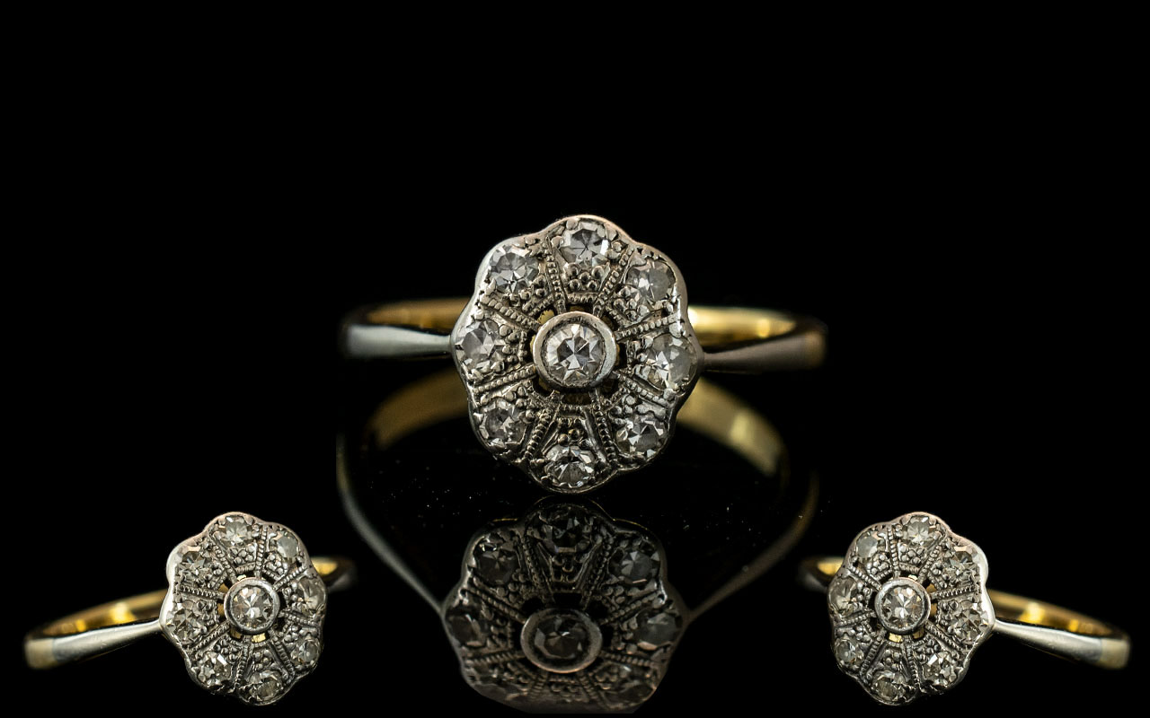 18ct Gold Attractive Petite Diamond Set Ring. Marked 18ct. The Pave Set Diamonds of Good Colour /