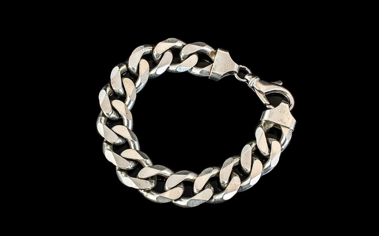 Gents - Vintage Heavy Sterling Silver - Solid Curb Bracelet, Excellent Clasp. Marked 925 Silver.