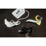 Three Silver Enamelled Norwegian Brooches In Black, White And Yellow & White Enamels, All Fully