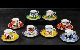 Clarice Cliff Interest - Wedgwood Bradford Exchange Cups & Saucers, comprising Cafe Chic 'Windmill',