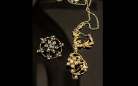 Ladies 9ct Gold Seed Pearl Brooch - Together With a 15ct Gold & Seed Pearl Pendant and Chain. Length