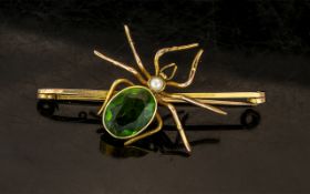 Antique Period 9ct Gold Novelty Spider Brooch, Set with Faceted Peridot and Pearl to Back of Spider.