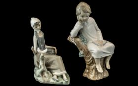 Two Lladro Figures, comprising Shepherdess Girl Sitting with Dove Bird Figurine No. 4660 by