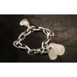 Sterling Silver Heavy Link Bracelet, with heart charm to one side and two dog tags to the other.