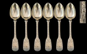 George III - Excellent Set of Six Large Sterling Silver Fiddle back Teaspoons with Vacant