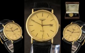 Longines 18ct Gold Slim line Watch with Original Leather Strap ( Signed. Date 1980. Champagne