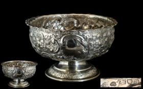 Late Victorian Period - Good Quality Floral Embossed Sterling Silver Pedestal Bowl with Frilled