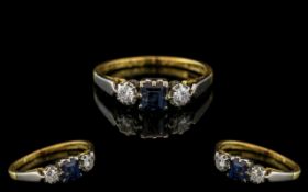 18ct Gold Attractive 3 Stone Sapphire and Diamond Set Dress Ring. Marked 750 - 18ct. Ring Size I,