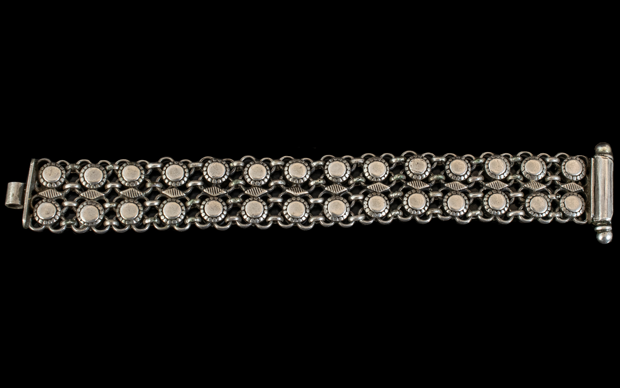 Early 20th Century Heavy and Solid Silver Bracelet with Pin Clasp. Excellent Design and Well Made