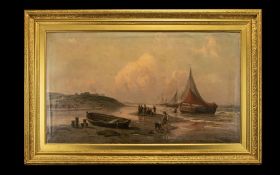 After H Eschke Framed Oilograph Antique untitled oil over print base, depicting a coastal scene with