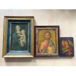 Three Icon Pictures, depicting Madonna & Child oil, framed in gilt frame, measures 11'' x 15''