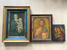 Three Icon Pictures, depicting Madonna & Child oil, framed in gilt frame, measures 11'' x 15''