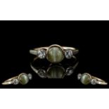 Antique Period - 18ct Gold 3 Stone Tigers Eye and Diamond Set Ring, Pleasing Design. Not Marked