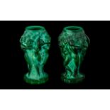 PAIR OF BOHEMIAN ART DECO MALACHITE GLASS VASES FROM THE 'INGRID' SERIES designed by Henry Schlevogt