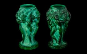 PAIR OF BOHEMIAN ART DECO MALACHITE GLASS VASES FROM THE 'INGRID' SERIES designed by Henry Schlevogt