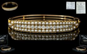 A Mid Victorian Period - Fine and Stunning 18ct Gold Hinged Bangle Set with Pearls and Diamonds.