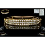 A Mid Victorian Period - Fine and Stunning 18ct Gold Hinged Bangle Set with Pearls and Diamonds.