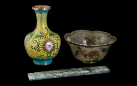 Three Pieces of Oriental Ware, to include a Jade bar, a cloisonne style vase and a Plique-à-Jour