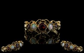 Antique Period 18ct Gold Attractive Opal and Garnet Set Ring. Ornate Shank / Setting. Full