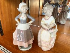 Lladro Dutch Girl Figurine, No. 5064, 11'' tall, together with a Lladro Nao figure girl with basket,