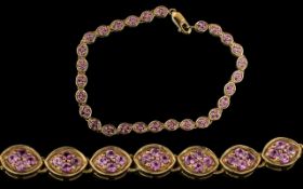 Ladies 9ct Gold - Pleasing Amethyst Set Bracelet ( Line ) with Good Clasp etc. Marked 9.375. Well