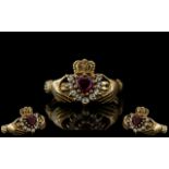 Antique Period 9ct yellow Gold - Attractive Garnet and CZ Set Coronet Ring. With Two Hands Holding a