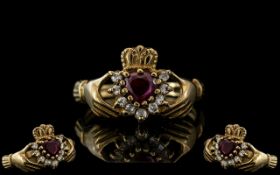 Antique Period 9ct yellow Gold - Attractive Garnet and CZ Set Coronet Ring. With Two Hands Holding a