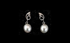 White Cultured Pearl Drop Earrings, sing