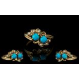 Late Victorian Period - Attractive 9ct Gold Turquoise Seed Pearl Set Ring. Hallmark London 1900.