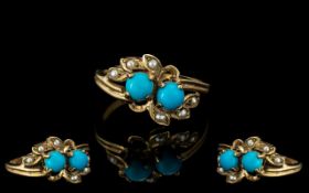 Late Victorian Period - Attractive 9ct Gold Turquoise Seed Pearl Set Ring. Hallmark London 1900.