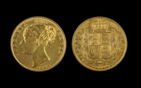 Queen Victoria 22ct Gold Young Head - Shield Back Full Sovereign. Date 1864. Die Number 74.