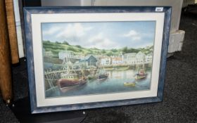 George Dolman Framed Watercolour, harbour scene Dartmouth, depicting trawlers and buildings.