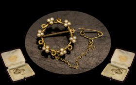 Antique Period - Exquisite 15ct Gold Seed Pearl Set Circular Brooch with Safety Chain and of Small