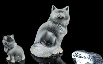 Lalique Frosted Glass Cat. A Lalique frosted glass model of a seated cat, 4" tall.
