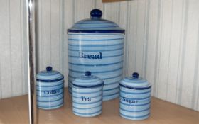 Large Blue Pottery Striped Bread Bin, 15'' tall, with three matching pottery canisters for coffee,