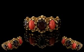 Antique Period - Attractive 9ct old 5 Stone Coral and Garnet Set Ring, Wonderful Setting.