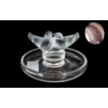 Lalique Twin Dove Frosted & Clear Glass Pin Dish, depicting two doves in frosted glass,