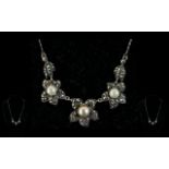 Antique Marcasite and Pearl Necklace Set In Silver.