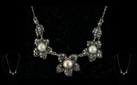 Antique Marcasite and Pearl Necklace Set In Silver.